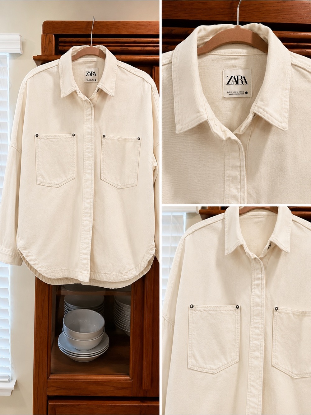 ZARA Off-White Button-Up Utility Shirt Jacket